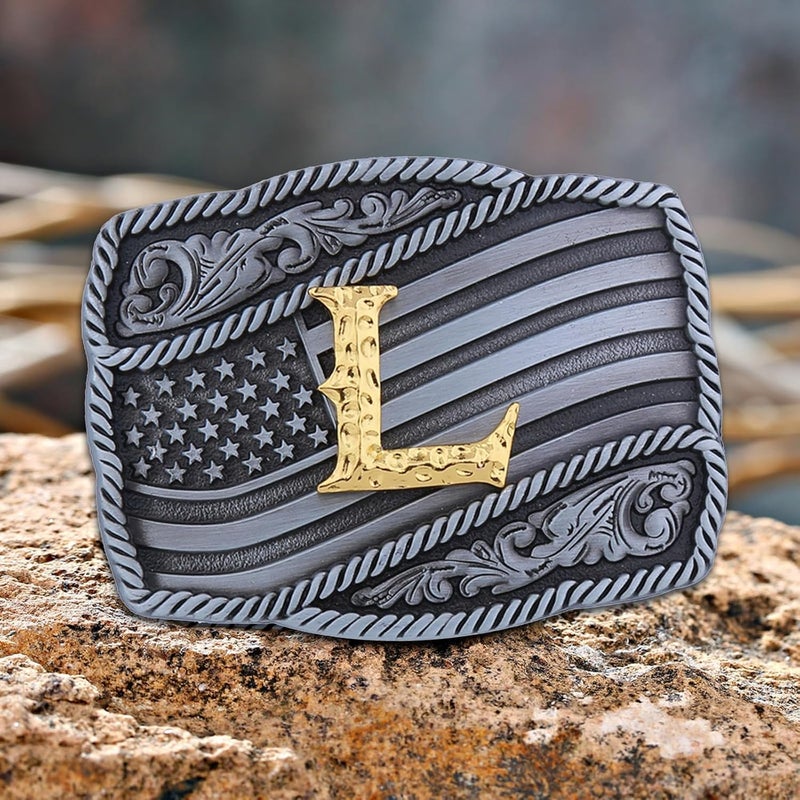 Fibbadet Store Western Cowboy Initial Letters A-Z American Flag Belt Buckle for Men Fathers Day Boyfriend Husband - Image 1